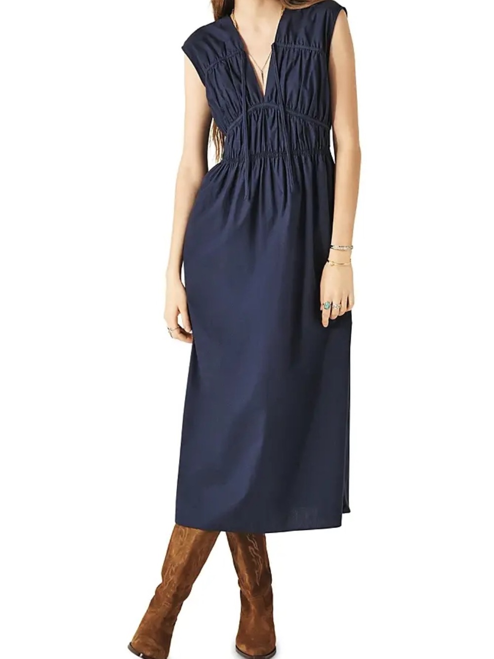 ba&sh Marana Cotton Poplin Peasant Midi Lady Dress Medium Navy Blue‎